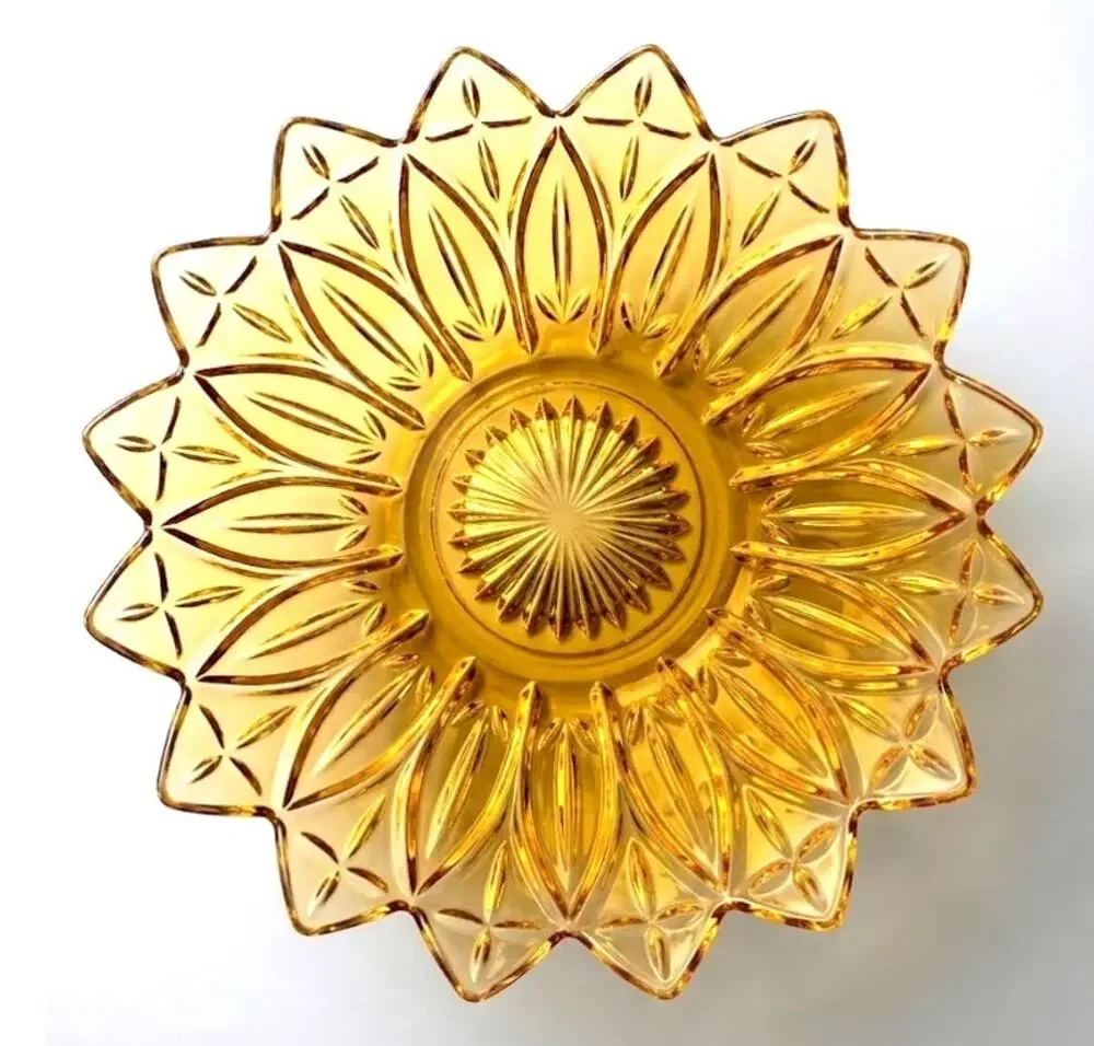 Vintage Federal Glass Amber Petal Bowl - Pressed Glass Starburst Serving Dish